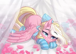 Size: 3465x2454 | Tagged: safe, artist:sharly, artist:sparkling_light, derpibooru import, oc, oc:bay breeze, unofficial characters only, pegasus, pony, bed, bedroom eyes, blushing, bow, clothes, commission, cute, female, hair bow, looking at you, mare, petals, socks, spread wings, striped socks, tail bow, wings, ych result