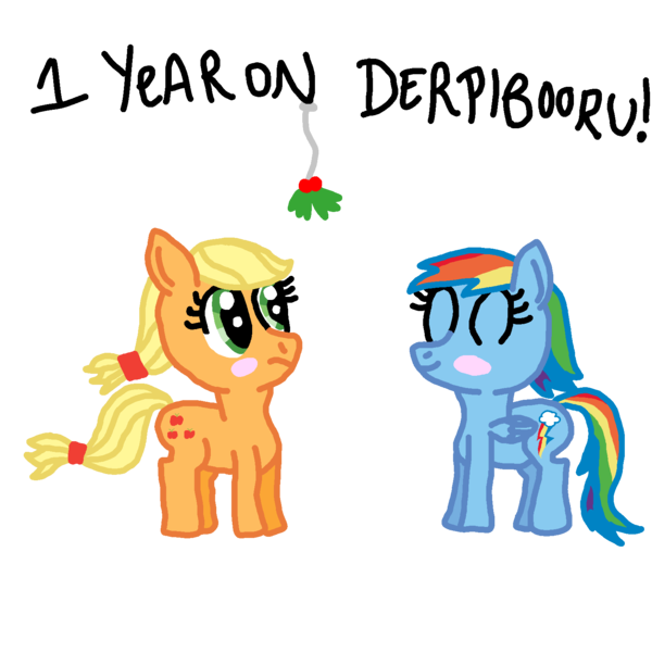 Size: 1600x1600 | Tagged: safe, artist:nightshadowmlp, derpibooru import, applejack, rainbow dash, earth pony, pegasus, pony, appledash, blushing, eyes closed, female, firealpaca, holly, holly mistaken for mistletoe, lesbian, one year anniversary, shipping, simple background, smiling, text, transparent background