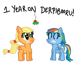 Size: 1600x1600 | Tagged: safe, artist:nightshadowmlp, derpibooru import, applejack, rainbow dash, earth pony, pegasus, pony, appledash, blushing, eyes closed, female, firealpaca, holly, holly mistaken for mistletoe, lesbian, one year anniversary, shipping, simple background, smiling, text, transparent background