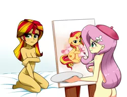 Size: 1300x1000 | Tagged: suggestive, artist:nekojackun, artist:twilite-sparkleplz, derpibooru import, fluttershy, sunset shimmer, human, pony, unicorn, equestria girls, artistic nudity, ass, barefoot, beret, blushing, breasts, butt, cleavage, covering breasts, cute, cute porn, embarrassed, embarrassed nude exposure, eyeshadow, feet, female, flutterbutt, hat, kneeling, lesbian, makeup, nudity, painting, patreon, patreon reward, shipping, strategically covered, sunshyne