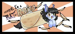 Size: 1498x676 | Tagged: safe, artist:ask-colorsound, derpibooru import, oc, oc:mitzy, unofficial characters only, bat, bat pony, batburrito, bat pony oc, bat wings, blushing, blush sticker, burrito, eeee, food, pun, sunburst background, visual pun, wings