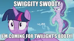 Size: 888x499 | Tagged: suggestive, derpibooru import, starlight glimmer, twilight sparkle, twilight sparkle (alicorn), alicorn, pony, unicorn, the cutie re-mark, caption, floating, glowing horn, horn, image macro, impact font, levitation, magic, meme, self-levitation, shocked, swiggity swooty, telekinesis, text