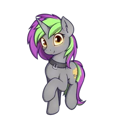 Size: 2000x2000 | Tagged: safe, artist:theparagon, derpibooru import, oc, oc:frenzy nuke, pony, unicorn, 2019 community collab, derpibooru community collaboration, collar, digital art, female, glowing eyes, looking at you, mare, simple background, solo, standing, transparent background
