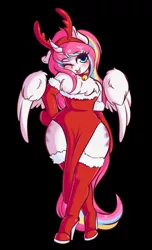 Size: 2491x4096 | Tagged: alicorn, alicorn oc, anthro, anthro oc, antlers, arm hooves, artist:wickedsilly, bare shoulders, bell, bell collar, blushing, boots, both cutie marks, bottom heavy, chest fluff, christmas, clothes, collar, commission, crossdressing, curved horn, derpibooru import, dress, evening gloves, explicit source, femboy, gloves, high heel boots, high heels, holiday, horn, long gloves, looking at you, male, oc, oc:nekonin, one eye closed, reindeer antlers, safe, shoes, simple background, smiling, solo, stallion, trap, unofficial characters only, wide hips, wings, wink