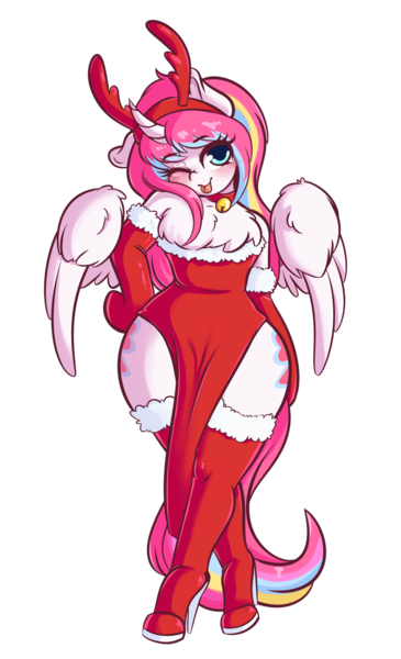 Size: 1168x1920 | Tagged: alicorn, alicorn oc, anthro, anthro oc, antlers, arm hooves, artist:wickedsilly, bare shoulders, bell, bell collar, blushing, boots, both cutie marks, bottom heavy, chest fluff, christmas, clothes, collar, crossdressing, curved horn, derpibooru import, dress, evening gloves, femboy, gloves, high heel boots, high heels, holiday, horn, long gloves, male, oc, oc:nekonin, one eye closed, reindeer antlers, safe, shoes, simple background, solo, stallion, transparent background, trap, unofficial characters only, wide hips, wings, wink