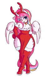 Size: 1168x1920 | Tagged: alicorn, alicorn oc, anthro, anthro oc, antlers, arm hooves, artist:wickedsilly, bare shoulders, bell, bell collar, blushing, boots, both cutie marks, bottom heavy, chest fluff, christmas, clothes, collar, crossdressing, curved horn, derpibooru import, dress, evening gloves, femboy, gloves, high heel boots, high heels, holiday, horn, long gloves, male, oc, oc:nekonin, one eye closed, reindeer antlers, safe, shoes, simple background, solo, stallion, transparent background, trap, unofficial characters only, wide hips, wings, wink