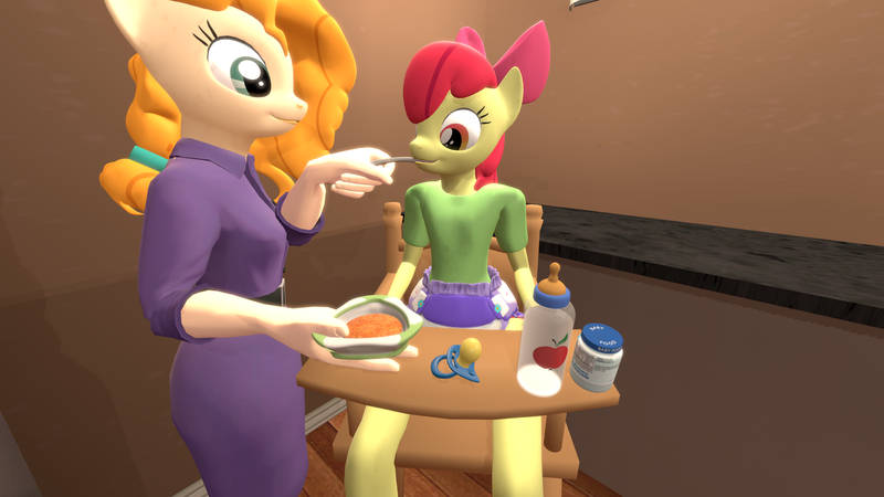 Size: 3840x2160 | Tagged: 3d, 4k, abdl, adult foal, anthro, apple bloom, artist:mrdoctorderpy, baby bottle, baby food, bottle, derpibooru import, diaper, diaper fetish, feeding, female, fetish, foal bottle, food, highchair, mother and child, mother and daughter, pear butter, source filmmaker, suggestive