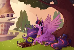 Size: 2000x1370 | Tagged: safe, artist:28gooddays, derpibooru import, princess twilight 2.0, twilight sparkle, twilight sparkle (alicorn), alicorn, pony, the last problem, book, bookends, canterlot, ethereal mane, female, hilarious in hindsight, jewelry, looking up, mare, possible spoilers, prone, regalia, series finale, smiling, solo, spread wings, tree, ultimate twilight, wings