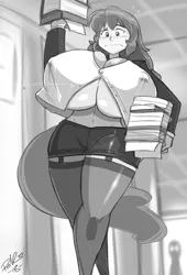 Size: 1920x2817 | Tagged: artist:shonuff44, big breasts, breasts, button popping, clothes, derpibooru import, erect nipples, garters, holding, huge breasts, human, humanized, hyper, hyper breasts, impossibly large breasts, miniskirt, monochrome, nipple outline, no bra underneath, oc, oc:young weird, shirt, skirt, socks, stockings, suggestive, thigh highs, underboob, unofficial characters only, wardrobe malfunction, worried