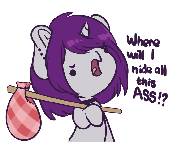 Size: 1280x1049 | Tagged: suggestive, artist:wickedsilly, derpibooru import, oc, oc:wicked silly, unofficial characters only, pony, bindle, ear piercing, earring, exclamation point, interrobang, jewelry, piercing, question mark, simple background, solo, speech, stick, talking, tumblr, tumblr 2018 nsfw purge, vulgar, white background