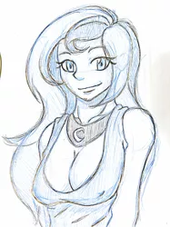 Size: 2836x3782 | Tagged: suggestive, artist:chaosknight, derpibooru import, princess luna, human, equestria girls, breasts, bust, cleavage, clothes, erect nipples, female, females only, monochrome, nipple outline, tanktop, traditional art