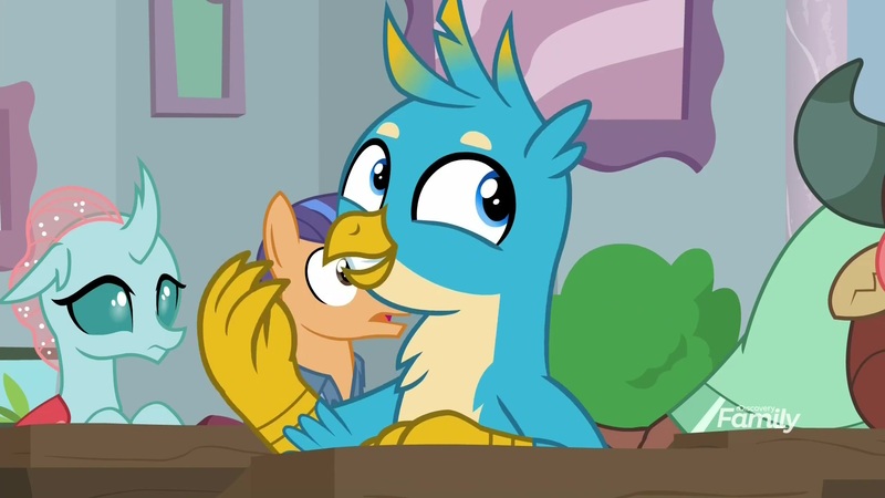 Size: 1920x1080 | Tagged: safe, derpibooru import, screencap, fine catch, gallus, ocellus, yona, changedling, changeling, gryphon, pony, unicorn, yak, a rockhoof and a hard place, background pony, cute, friendship student, gallabetes, male, solo focus, stallion