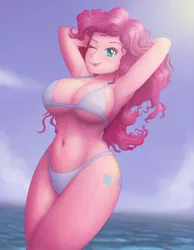 Size: 980x1260 | Tagged: suggestive, artist:safartwoks, derpibooru import, pinkie pie, equestria girls, :p, absolute cleavage, armpits, beach, beautiful, beautisexy, belly button, big breasts, bikini, bikini babe, breasts, busty pinkie pie, cleavage, clothes, cloud, curvy, cutie mark, cutie mark on equestria girl, female, looking at you, mlem, one eye closed, ponk, pony coloring, sexy, silly, sky, solo, solo female, stupid sexy pinkie, swimsuit, tongue out, water, wink