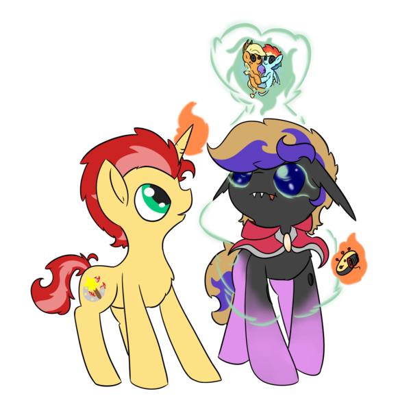 Size: 2000x2000 | Tagged: safe, artist:ezupack, derpibooru import, applejack, rainbow dash, oc, oc:ember flare, oc:tozuma, unofficial characters only, changeling, pony, unicorn, 2019 community collab, derpibooru community collaboration, appledash, blue changeling, changeling oc, fangs, female, lesbian, looking up, shipper on deck, shipping, simple background, transparent background, voodoo doll