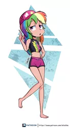 Size: 2979x5453 | Tagged: safe, artist:ohiekhe, derpibooru import, rainbow dash, human, equestria girls, equestria girls series, forgotten friendship, abstract background, barefoot, belly button, cap, clothes, feet, female, geode of super speed, hat, human coloration, humanized, magical geodes, midriff, open mouth, patreon, patreon logo, shorts, solo, swim trunks, swimsuit