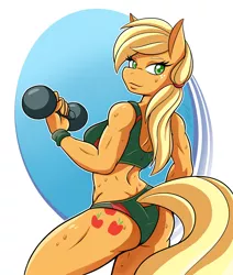 Size: 3300x3900 | Tagged: suggestive, artist:ambris, derpibooru import, applejack, anthro, art pack:horsepower gym, applebucking thighs, applebutt, applejacked, big breasts, breasts, busty applejack, butt, clothes, female, image, implied tail hole, looking at you, muscles, muscular female, png, solo, solo female, sports bra, sports panties, sweat, tail, weights, workout