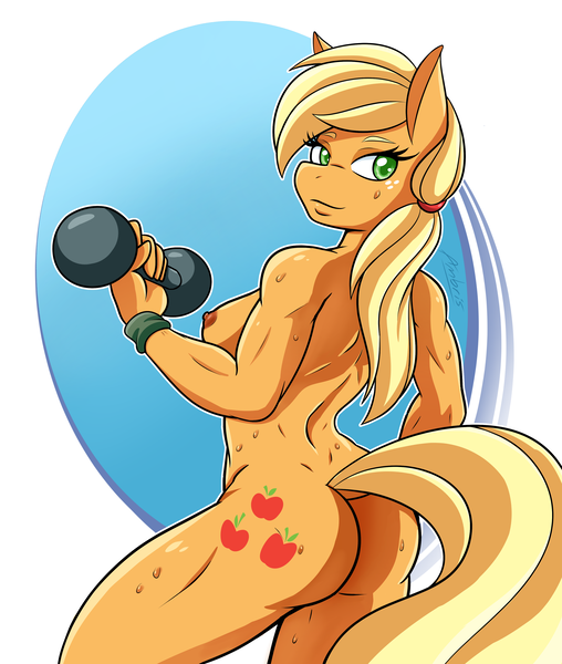 Size: 3300x3900 | Tagged: questionable, alternate version, artist:ambris, derpibooru import, applejack, anthro, art pack:horsepower gym, applebucking thighs, applebutt, applejacked, armband, ass, big breasts, breasts, busty applejack, butt, casual nudity, female, image, looking at you, muscles, muscular female, nipples, nsfworkout, nudity, png, solo, solo female, sweat, weights