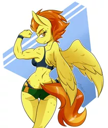 Size: 3300x3900 | Tagged: suggestive, artist:ambris, derpibooru import, spitfire, anthro, art pack:horsepower gym, armpits, ass, back, bicep, big breasts, breasts, butt, buttcrack, clothes, female, firebutt, fitfire, flexing, hand on hip, image, looking at you, looking back, looking back at you, muscles, muscular female, panties, png, sexy, shorts, solo, solo female, sports bra, sports panties, sports shorts, spread wings, stupid sexy spitfire, sweat, underwear, wings