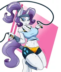 Size: 3300x3900 | Tagged: suggestive, artist:ambris, derpibooru import, rarity, anthro, unguligrade anthro, unicorn, art pack:horsepower gym, belly button, big breasts, breasts, busty rarity, clothes, exercise, female, fit, image, jump rope, jumping, leg warmers, looking at you, midriff, png, shirt, shorts, solo, solo female, sports bra, sports shorts, sweat, workout, workout outfit