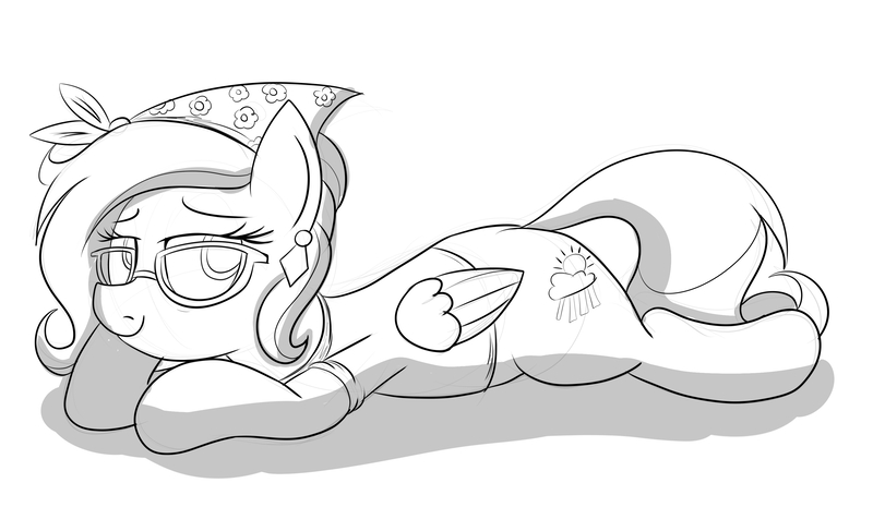 Size: 3318x1927 | Tagged: safe, artist:an-tonio, derpibooru import, oc, oc:rita cloudy, unofficial characters only, pegasus, pony, clothes, glasses, lying down, monochrome, shirt, solo