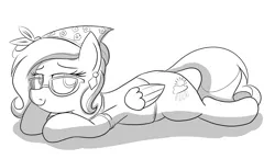 Size: 3318x1927 | Tagged: safe, artist:an-tonio, derpibooru import, oc, oc:rita cloudy, unofficial characters only, pegasus, pony, clothes, glasses, lying down, monochrome, shirt, solo