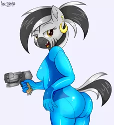 Size: 3658x4000 | Tagged: anthro, artist:an-tonio, ass, breasts, butt, clothes, cosplay, costume, derpibooru import, female, gun, handgun, latex, looking at you, looking back, metroid, oc, oc:trinidad, open mouth, pistol, ponytail, raised eyebrow, samus aran, smiling, solo, solo female, suggestive, the ass was fat, weapon, zebra, zero suit
