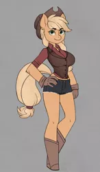 Size: 747x1280 | Tagged: anthro, applejack, artist:cpwny, boots, breasts, busty applejack, clothes, daisy dukes, derpibooru import, female, gloves, safe, shirt, shoes, shorts, simple background, smiling, solo, unguligrade anthro, vest