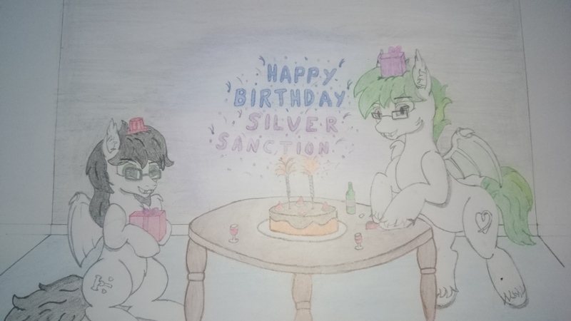 Size: 3840x2160 | Tagged: safe, artist:cloudick, derpibooru import, oc, oc:silver sanction, oc:skipper dust, bat pony, bat pony oc, bat wings, black and white, cake, eeee, food, grayscale, green eyes, happy birthday, monochrome, skree, traditional art, wings