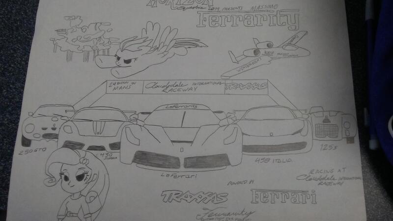 Size: 2048x1152 | Tagged: safe, artist:forzaveteranenigma, derpibooru import, rainbow dash, rarity, equestria girls, a10 warthog, car, cloudsdale, cloudsdale international raceway, ferrari, ferrari 125s, ferrari 250 gto, ferrari 430 scuderia, ferrari 458 italia, ferrarity, forza horizon fanfic, hypercar, laferrari, traditional art, traxxas