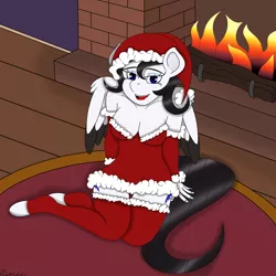 Size: 3000x3000 | Tagged: absolute cleavage, anthro, anthro oc, artist:rarityismywaifu, bedroom eyes, black hair, blue eyes, boob freckles, breasts, chest freckles, christmas, christmas stocking, cleavage, clothes, derpibooru import, digital art, eyeshadow, female, fire, fireplace, freckles, hat, holiday, kneeling, lipstick, looking at you, makeup, mare, oc, oc:lamika, pegasus, rug, santa hat, socks, solo, solo female, stockings, suggestive, thigh highs, unofficial characters only, wings