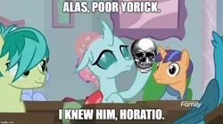 Size: 888x499 | Tagged: safe, derpibooru import, edit, edited screencap, screencap, gallus, ocellus, sandbar, pony, a rockhoof and a hard place, alas poor yorick, cute, diaocelles, hamlet, meme, shakespeare, skull