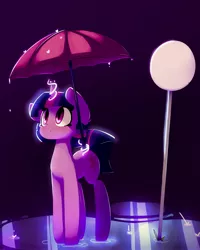 Size: 3276x4096 | Tagged: safe, artist:bloodatius, derpibooru import, twilight sparkle, pony, unicorn, clothes, female, glowing horn, horn, looking back, magic, mare, rain, solo, telekinesis, umbrella, unicorn twilight