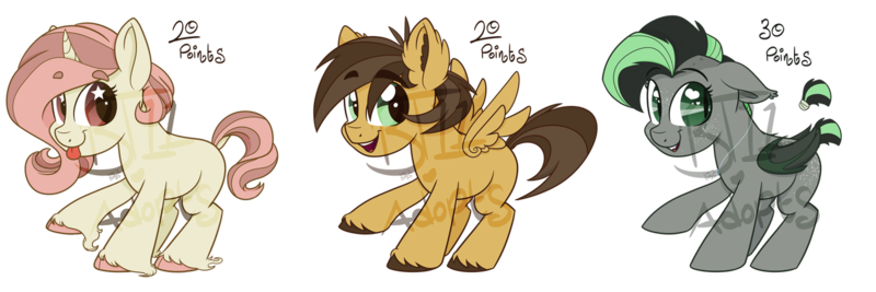 Size: 1280x427 | Tagged: safe, artist:binkyt11, derpibooru import, oc, unofficial characters only, bat pony, pegasus, pony, unicorn, :p, adoptable, base used, beanbrows, chibi, cloven hooves, curved horn, dock, ear fluff, eyebrows, fangs, female, folded wings, freckles, heart eyes, horn, jewelry, male, mare, necklace, silly, simple background, slit pupils, spread wings, stallion, starry eyes, tail wrap, tongue out, transparent background, unshorn fetlocks, watermark, wingding eyes, wings