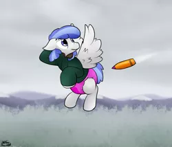 Size: 1795x1534 | Tagged: suggestive, artist:the-furry-railfan, derpibooru import, oc, oc:white, unofficial characters only, pegasus, pony, artillery, bullet, clothes, confused, diaper, diaper fetish, fetish, flying, jacket, mountain, mountain range, snow, this will end in explosions, tree, winter