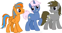 Size: 3517x1893 | Tagged: safe, artist:nstone53, derpibooru import, oc, oc:azure/sapphire, oc:cold front, oc:disty, unofficial characters only, pegasus, pony, unicorn, braided pigtails, friends, happy, male, ponysona, smiling, stallion