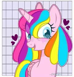 Size: 1457x1513 | Tagged: safe, artist:dillise, derpibooru import, oc, oc:st. pinkie, unofficial characters only, alicorn, pony, unicorn, abstract background, commission, digital art, eye clipping through hair, female, happy, heart, looking at you, mare, open mouth, signature, solo, ych result