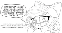 Size: 1280x692 | Tagged: safe, artist:pusspuss, derpibooru import, oc, oc:pink pearl, unofficial characters only, pony, bow, dialogue, female, floppy ears, freckles, glasses, hair bow, lineart, mare, monochrome, open mouth, paper, pencil, solo, speech bubble, tumblr 2018 nsfw purge