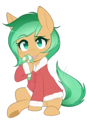 Size: 668x930 | Tagged: safe, artist:higgly-chan, derpibooru import, oc, oc:minty pop, unofficial characters only, earth pony, pony, candy, candy cane, christmas, clothes, commission, digital art, female, food, holiday, mare, signature, simple background, sitting, solo, sweater, transparent background, ych result