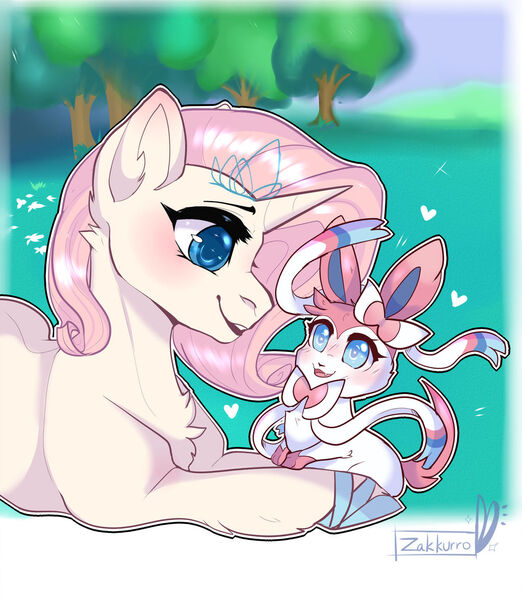 Size: 1024x1178 | Tagged: safe, artist:zakkurro, derpibooru import, oc, oc:crystal dancer, unofficial characters only, eevee, pony, sylveon, unicorn, blue eyes, chest fluff, commission, digital art, ear fluff, female, grass, happy, looking at each other, mare, pokémon, prone, signature, smiling, solo, tree, ych example, your character here