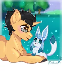 Size: 1024x1178 | Tagged: safe, artist:zakkurro, derpibooru import, oc, unofficial characters only, eevee, glaceon, pony, unicorn, chest fluff, commission, digital art, ear fluff, glasses, grass, happy, looking at each other, male, pokémon, prone, signature, smiling, solo, stallion, tree, ych result