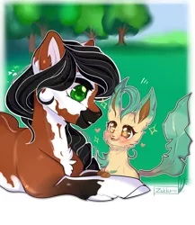 Size: 1024x1178 | Tagged: safe, artist:zakkurro, derpibooru import, oc, unofficial characters only, earth pony, eevee, leafeon, pony, chest fluff, commission, digital art, ear fluff, female, grass, green eyes, happy, looking at each other, mare, pokémon, prone, signature, smiling, solo, tree, ych result