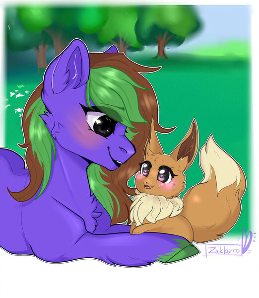 Size: 1024x1178 | Tagged: safe, artist:zakkurro, derpibooru import, oc, oc:narachi, unofficial characters only, earth pony, eevee, pony, chest fluff, commission, digital art, ear fluff, female, grass, happy, looking at each other, mare, multicolored hair, multicolored mane, pokémon, prone, signature, smiling, solo, tree, ych result