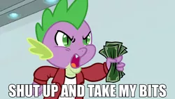 Size: 4092x2304 | Tagged: artist:koeper, attack of the killer app, derpibooru import, editor:mennydrives, futurama, meme, safe, shut up and take my money, spike