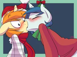 Size: 1262x933 | Tagged: safe, artist:jarwis, derpibooru import, oc, oc:jarv, oc:whoop, unofficial characters only, pony, unicorn, blushing, christmas, clothes, cute, french kiss, gay, hat, holiday, human shoulders, kissing, male, misleading thumbnail, mistletoe, not shining armor, oc x oc, santa hat, scarf, shipping, surprise kiss, surprised