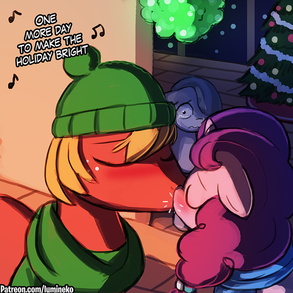 Size: 750x750 | Tagged: safe, artist:lumineko, derpibooru import, big macintosh, marble pie, sugar belle, earth pony, pony, unicorn, best gift ever, christmas, christmas tree, female, heartbreak, heartbroken marble, holiday, kissing, male, mare, music notes, sad, scene interpretation, shipping, shipping denied, side chick, stallion, straight, sugarmac, tree