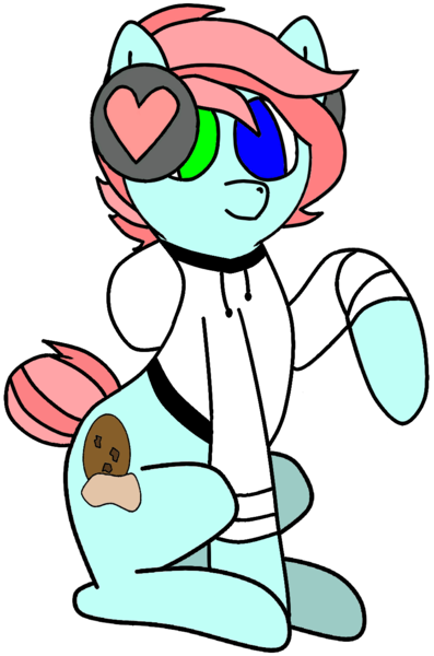 Size: 905x1368 | Tagged: safe, artist:cookiepone, derpibooru import, oc, unofficial characters only, earth pony, pony, 2019 community collab, derpibooru community collaboration, clothes, cutie mark, female, headphones, heart, heterochromia, hoodie, mare, raised hoof, simple background, sitting, smiling, solo, transparent background