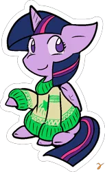 Size: 515x840 | Tagged: safe, artist:zutcha, derpibooru import, twilight sparkle, twilight sparkle (alicorn), alicorn, pony, clothes, cute, female, floppy ears, mare, raised hoof, simple background, sitting, smiling, solo, sweater, transparent background