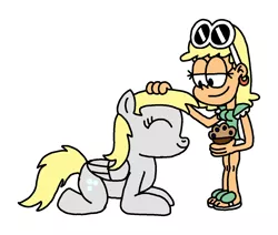 Size: 1300x1100 | Tagged: safe, artist:blackrhinoranger, derpibooru import, derpy hooves, human, pegasus, pony, anatomically incorrect, behaving like a dog, crossover, food, incorrect leg anatomy, leni loud, muffin, petting, size difference, the loud house