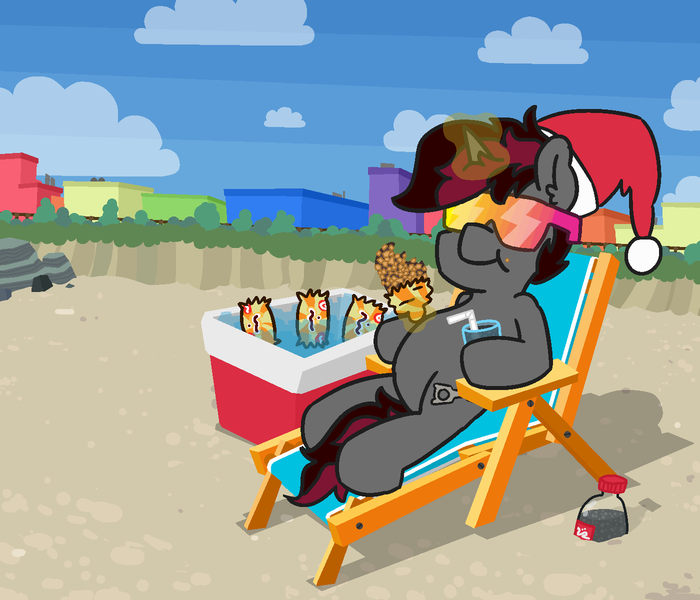 Size: 1280x1097 | Tagged: safe, artist:threetwotwo32232, derpibooru import, oc, oc:aneroid hydrolock, unofficial characters only, pony, unicorn, beach, beach chair, christmas, cooler, golden gaytime, hat, holiday, levitation, magic, santa hat, solo, sunglasses, telekinesis