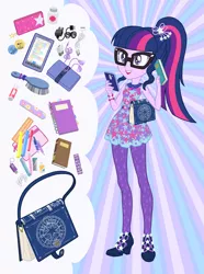 Size: 892x1200 | Tagged: safe, artist:sapphiregamgee, derpibooru import, sci-twi, twilight sparkle, human, equestria girls, equestria girls series, aspirin, book, brush, button, charger, clothes, commissioner:shortskirtsandexplosions, fashion, fashion style, female, geode of telekinesis, glasses, magical geodes, mobile phone, nail file, notebook, pantyhose, pencil, pencil case, phone, ponytail, purse, smartphone, solo, toy, wallet